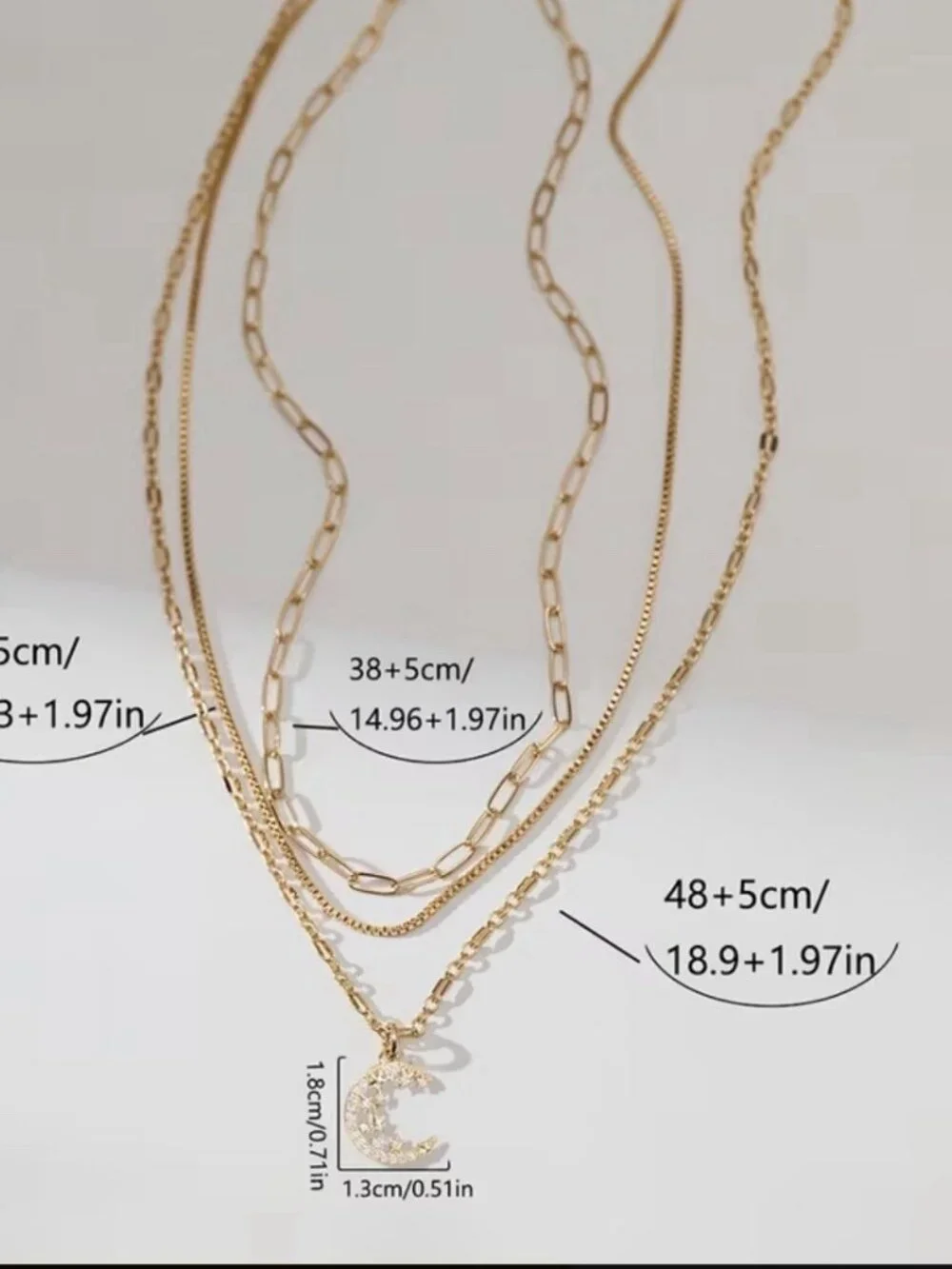 18K Gold Plated 3pc Layered Moon Chain Necklace Stainless Steel Womens Jewelry